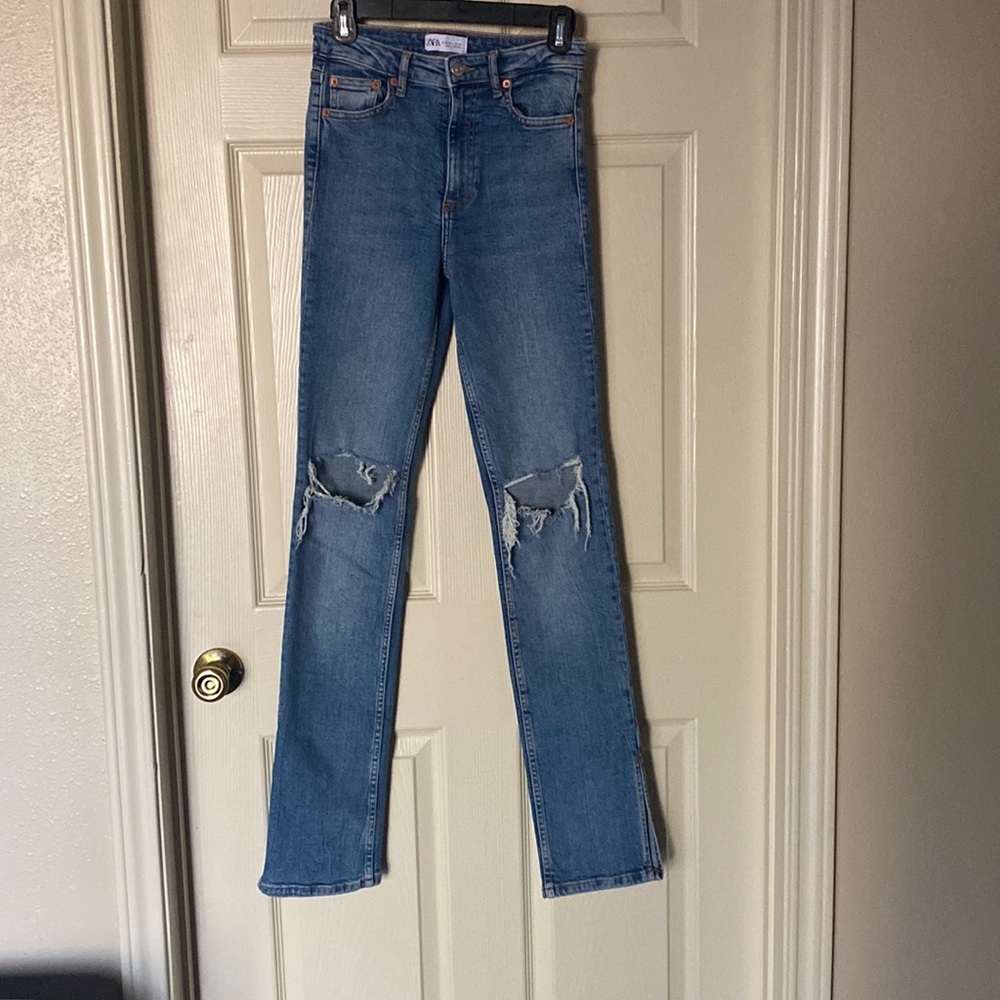 High Waist Distressed Side Slit Jeans